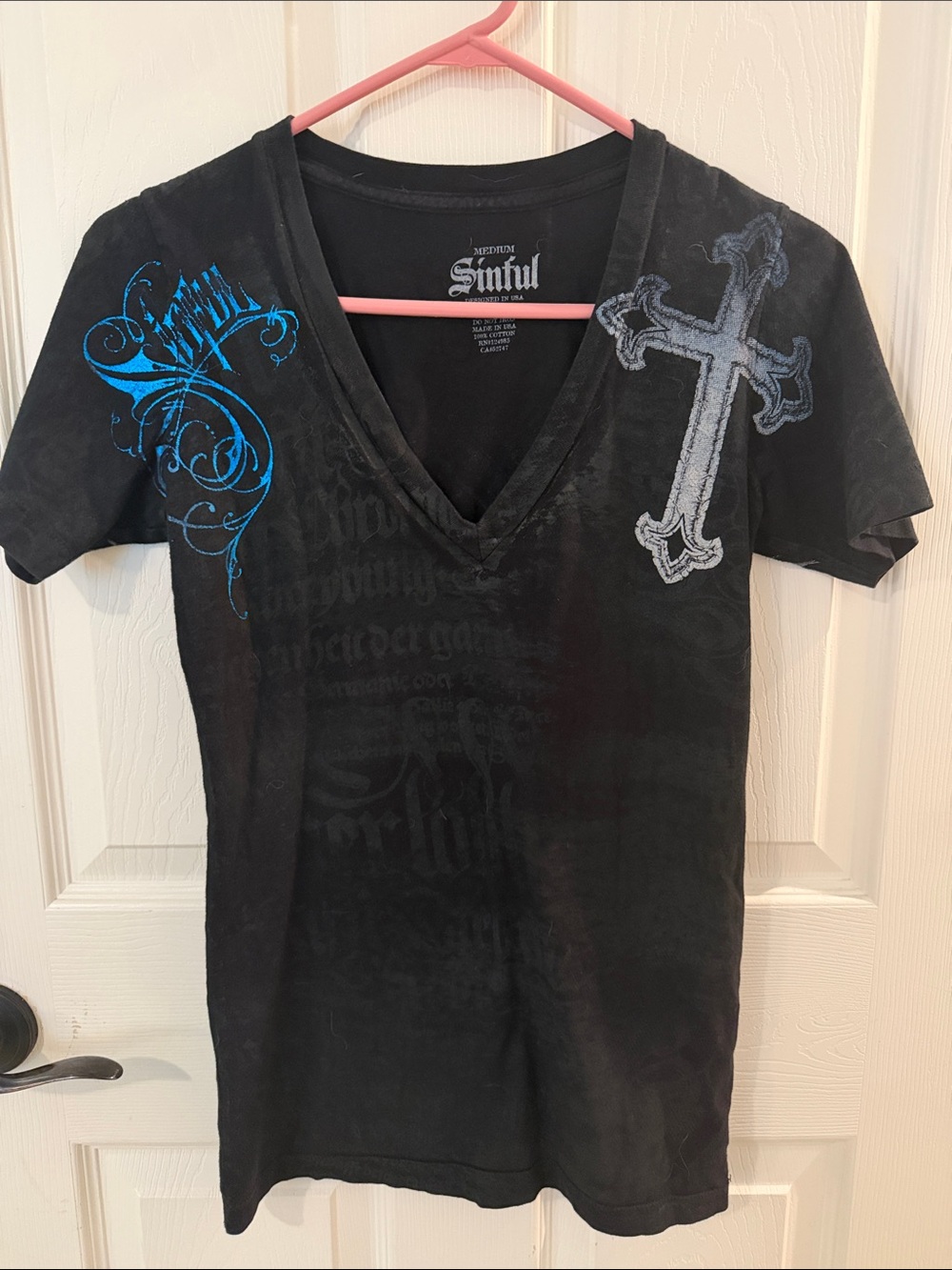 Sinful Black V-Neck Tee with Gray Cross & Blue Flourish